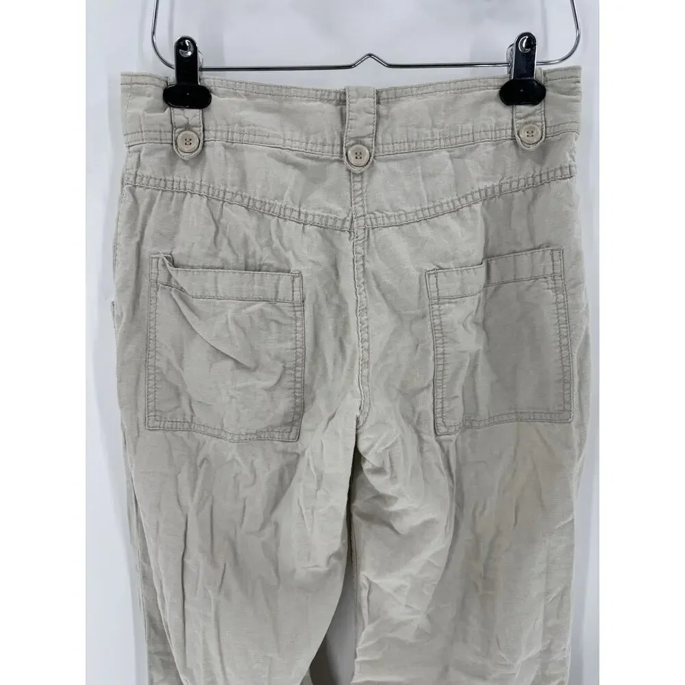 H&M Pants Womens 6 Beige Linen Cotton Pockets Straight Leg Comfort Mid Rise